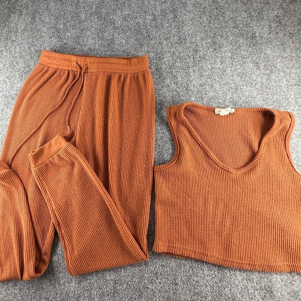 Happily Grey Rust Orange Waffle Knit 3 Piece Lounge Set Crop Top Joggers Medium